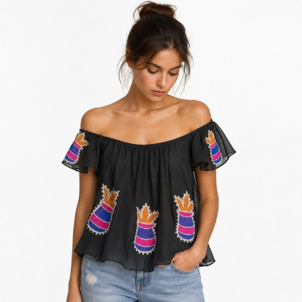 VaVa by Joy Han Embroidered Black Blouse Women Large Boho Summer Festival